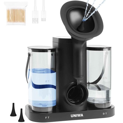 UNIWA Ear Wax Removal, Electric Ear Cleaner with Reusable Replacement Tips, 4 Pressure Settings, Safe and Effective Ear Rinsing Kit for Adults, Ear Irrigation Kit & USB-C Cable, IPX7, Black