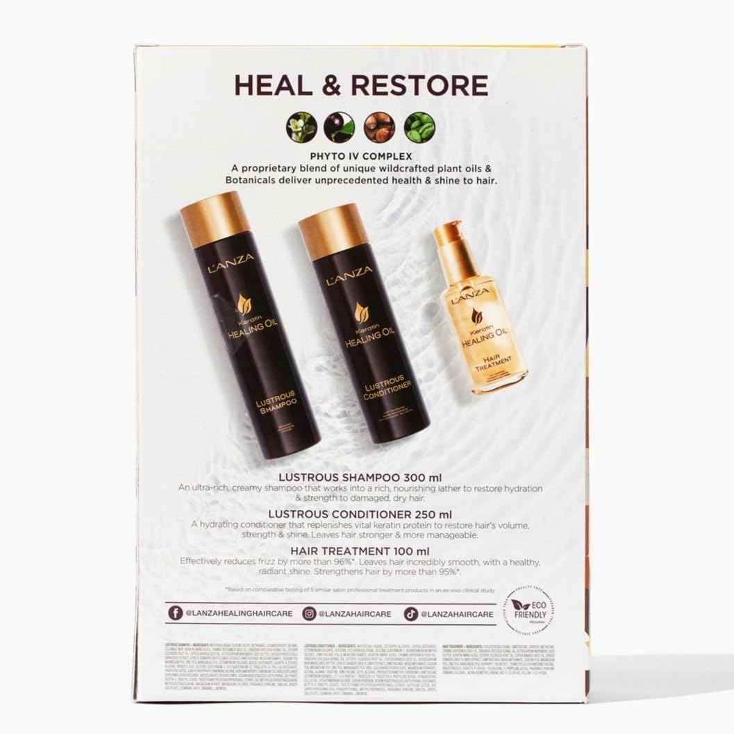 L'ANZA Keratin Healing Oil Trio Hair Kit, Restorative Lustrous Shampoo, Conditioner & Keratin Oil Treatment Serum in a Gift Box, Luxury Hair Care Kit For Dry, Damaged Locks (10.1/8.5/3.4 Fl Oz)