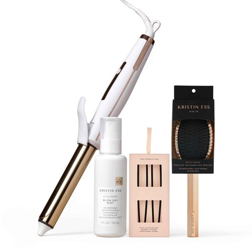 Kristin Ess Hair 1 Inch Titanium Curling Iron + Style Assist Blow Dry Heat Protectant Spray for Beach Waves + Detangling Brush + Matte Black French Pin Set of 2