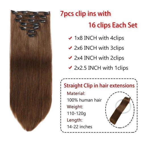 Clip in Hair Extensions Real Human Hair Straight Clip Hair Extensions Brazilian Remy Human Hair Double Weft Human Hair (4# Medium Brown, 20 Inch)