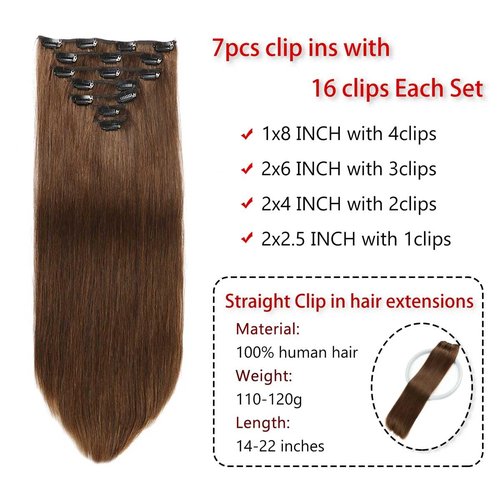 Houlud Clip in Hair Extensions Real Human Hair Straight 22 Inch 7pcs 120g Clip ins Hair Extensions Brazilian Remy Human Hair 16 Clips Double Weft Human Hair For Women (22 Inch, #4 Medium Brown)