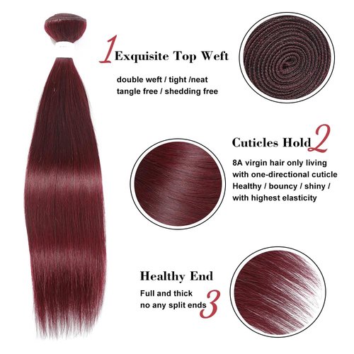REMY Straight Human Hair Bundles Red Human Hair 99j Burgundy Color 26 Inch Unprocessed Brazilian Virgin Human Hair 1 Bundle Double Weft Extension