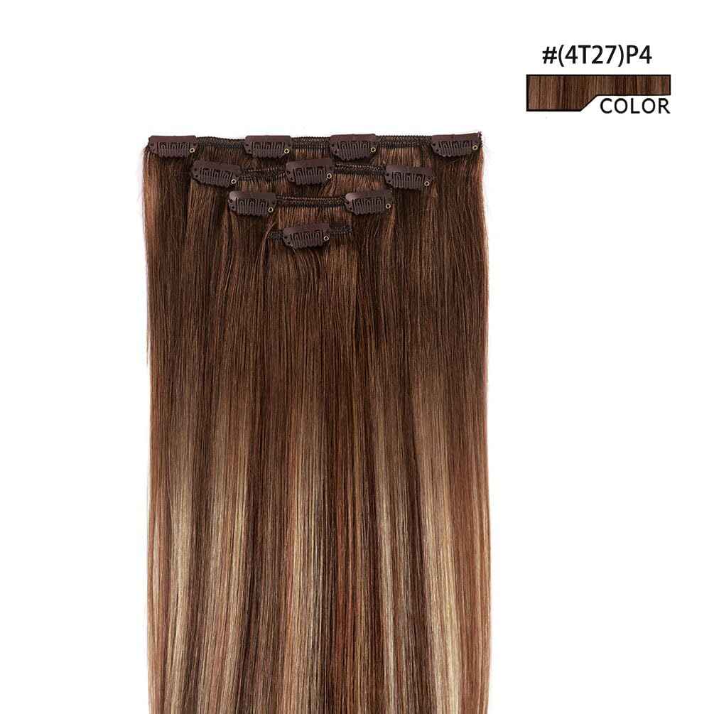 22" Hair Extensions Clip in Human Hair for Women - Silky Straight Chocolate Brown to Honey Blonde Highlight Brown Ombre Hair 90grams 4pieces #(4T27) P4 Color