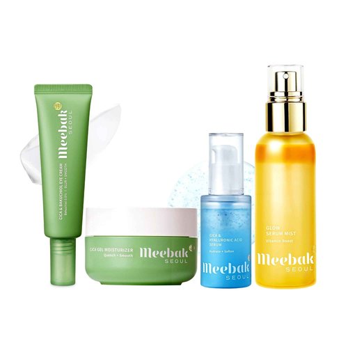 Meebak Korean Cica Gel Face Moisturizer 1.69 fl oz + Toner Face Mist Hydrating Spray 3.38 fl oz + Hyaluronic Acid Serum 1.01 fl oz + Bakuchiol Eye Cream 1.01 fl oz