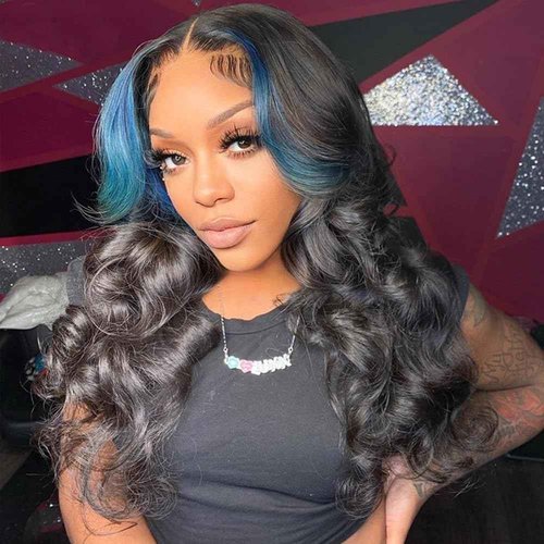 JYZ Skunk Stripe Wig Human Hair Dark HD Blue Lace Front Wig Human Hair Wavy 13X4 Blue Colored Wigs 200% Density Pre Plucked with Baby Hair 18inch Middle Part