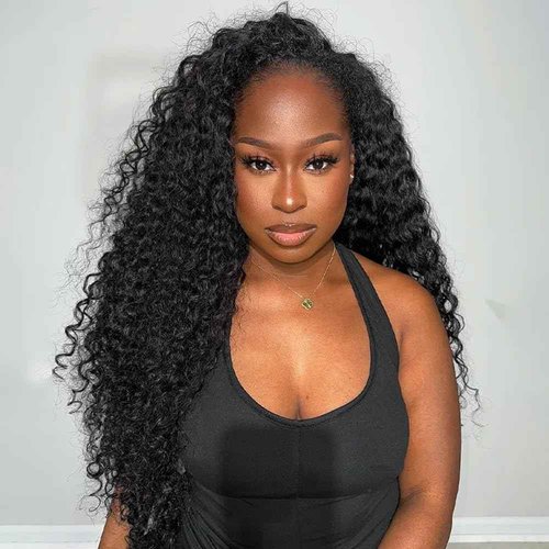 BGM GIRL Half Wig Human Hair Water Wave 3 in 1 Wigs Beginner Friendly Flip Over Drawstring Glueless Wig Ready to Go Seamless Clip in Wigs Natural Black Color 18 Inch
