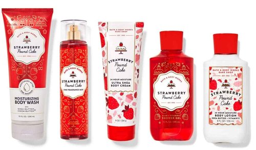 Bath & Body Works Skin Care Bundle Strawberry Pound Cake Wash Mist Cream Shower Gel and Lotion Full Size