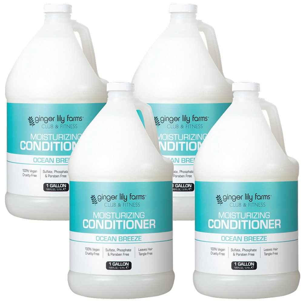 Ginger Lily Farms Club & Fitness Moisturizing Conditioner for Dry Hair, 100% Vegan & Cruelty-Free, Ocean Breeze Scent, 1 Gallon Refill (Pack of 4)
