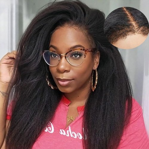 13X4 Lace Front Wig With Curly Edges Hairline 180% Density Kinky Straight Human Hair Wigs for Black Women Yaki Straight HD Lace Wig with Curly Baby Hair Glueless Wigs for Women Natural Black 18 Inch
