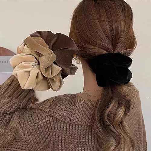 Velvet Scrunchies for Women Girls 4Pcs Large Brown Black Scrunchies Long Thick Curly Hair Soft Hair Bands Neutral Scrunchie Cute Ponytail Holders No Damage Elastic Hair Ties Hair Accessories