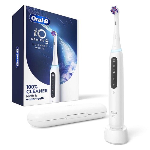 Oral-B iO Series 5 Ultimate White Rechargeable Electric Toothbrush with Visible Pressure Sensor, 2 Minute Timer, 5 Cleaning Settings, 1 Replacement Toothbrush Heads, and Travel Case, White