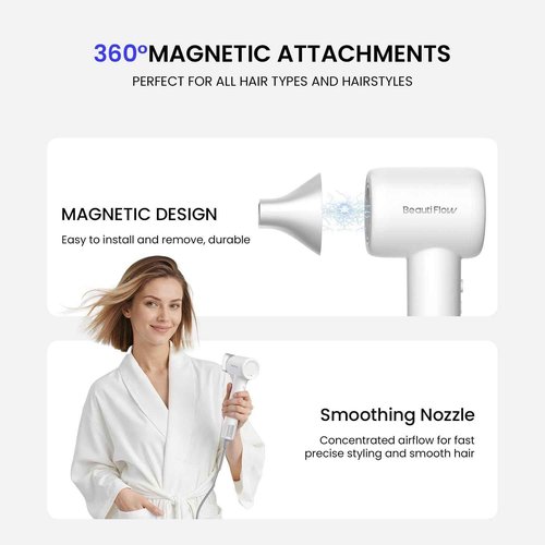 Beauti Flow Hair Dryer, High-Speed Ionic Blow Dryer, 110,000 RPM Low Noise Thermo-Control HairDryer, for Curly Hair for Home Travel Salon, No Heat Damage Care