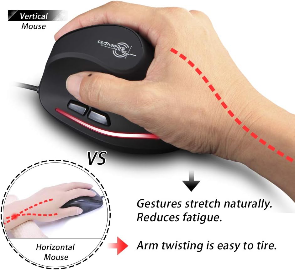 zelotes Vertical Ergonomic Mouse,3200DPI,6 Buttons,LED Illumination,Prevention Against Mouse Arm,USB Optical Wired Mice for Laptop,PC,Mac,Black