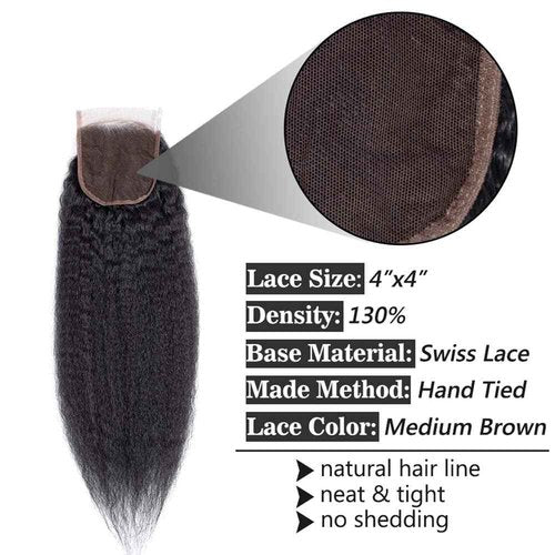 datanala Brazilian Virgin Kinky Straight Human Hair 3 Bundles with 4x4 Lace Closure 12 14 16+10 100% Virgin Yaki Human Hair Bundles With Closure Free Part Natural Black Color