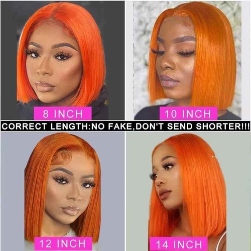 #350 Ginger Orange Bob Wig Human Hair 13x4 Straight Hd Ginger Bob Lace Front Wigs Human Hair Wear and Go Glueless Wigs 14 Inch Pre Plucked with Natural Hairline Frontal Short Bob Wigs For Black Women