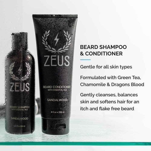 ZEUS Everyday Beard Care Kit for Men, Beard Shampoo, Conditioner, Refined Oil & Styling Balm, Softens, Hydrates, Tames & Strengthens (Made in USA) Sandalwood