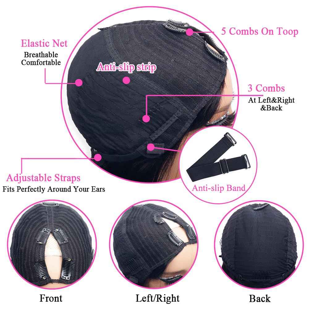 22Inch V Part Wigs Human Hair Straight Brazilian Human Hair Wigs for Black Women Upgrade U Part Wigs No Sew in NO Glue Half Wigs Human Hair 180% Density Natural Color