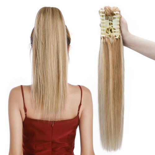 MY-LADY Ponytail Extension Human Hair Claw Clip in Ponytail Hair Extension Long Straight Pony Tail Hair Extensions Real Human Hair for Women Golden Brown & Bleach Blonde 14 Inch 105g