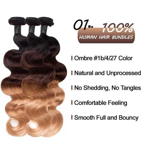 12A Ombre Human Hair Bundles T1b/4/27 Body Wave Bundles 100% Brazilian Virgin Human Hair 3 Tone Ombre Black Brown Blonde Quick Weave Bundle Deal for Women 14 16 18 Inch Thick and Full Hair Extensions