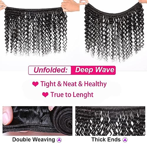 Human Hair Deep Wave Bundles with Closure 12 14 16+10 Inch Curly Weave Bundles Human Hair with 4x4 Lace Closure 12A Brazilian Remy Hair Pre Plucked with Baby hair Extensions for Black Women