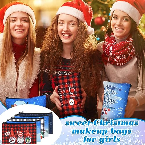 Abbylike 36 Pcs Christmas Makeup Bags Bulk Gifts Plaid Cosmetics Santa Gnomes Elk Snowman Xmas Purse Double Sided Goodie Bags for Women Travel Holiday Present,18 Styles