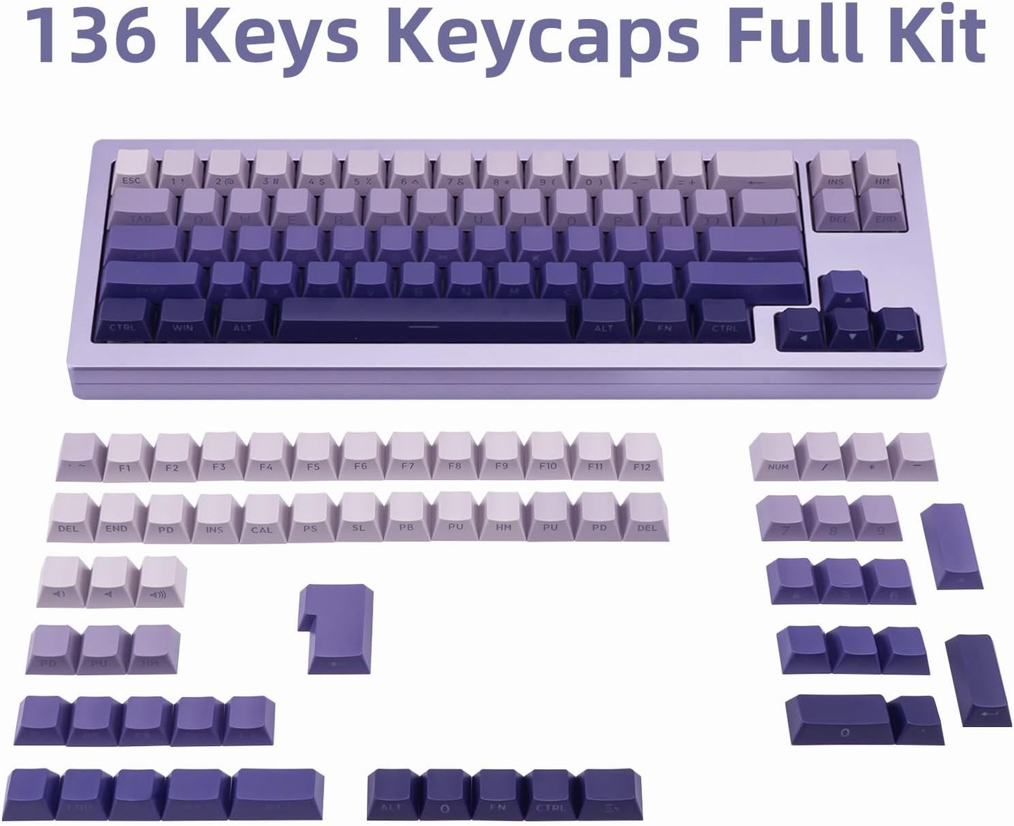 136 Keys Cherry Profile Shine Through PBT Keycaps Set, Pink Gradient Keycap Side Print, Double Shot PBT Key caps Cute, Backlit Custom White Keycaps for ANSI/ISO Layout Mechanical Keyboard