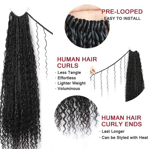 Crochet Boho Box Braids With Human Hair Pre Looped Hair Goddess Box Braids With Human Hair Curly Full Ends Hair Extensions For Women Natural Black Color 24inch 1 Pack(40 Strands)