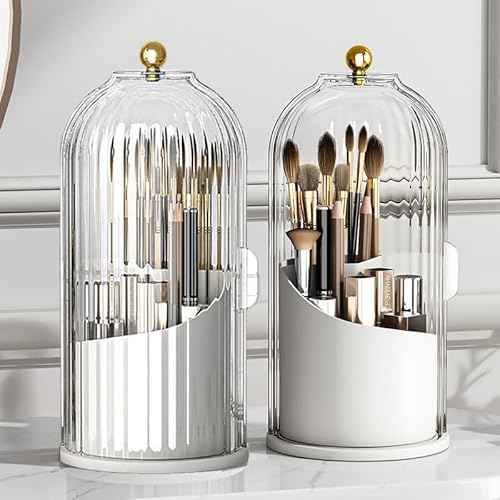 1PCS Makeup Brush Holder Organizer with Clear Lid 360 Rotating Sliding Opening Dustproof Brushes Container for Vanity