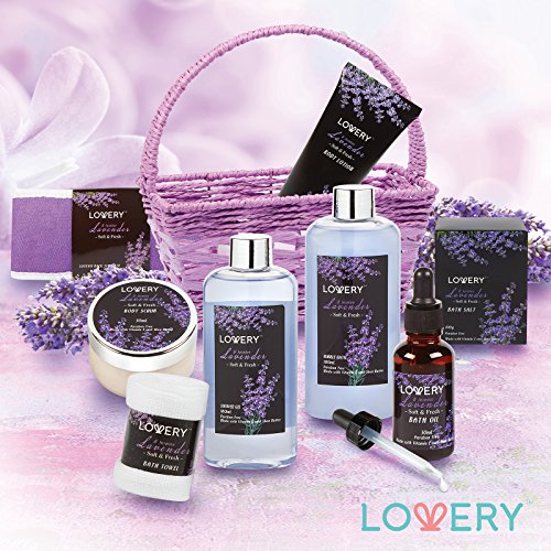 Gifts for Her, Spa Gift Basket, Luxury 9pc Bath & Body Set For Women & Men, Lavender & Jasmine Scent With Shower Gel, Bubble Bath, Lotion, Bath Salt, Body Scrub, Massage Oil, Loofah & Basket