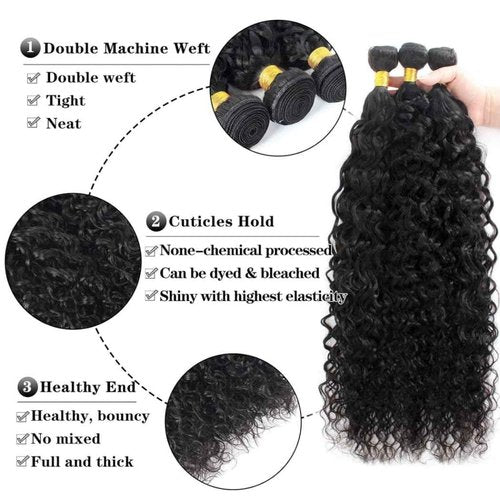Quqzron Water Wave Human Hair Bundle with Closure(16 18 20 +14, Free Part) Wet and Wavy Bundles with 4x4 Lace Closure Hair Extensions Natural Color