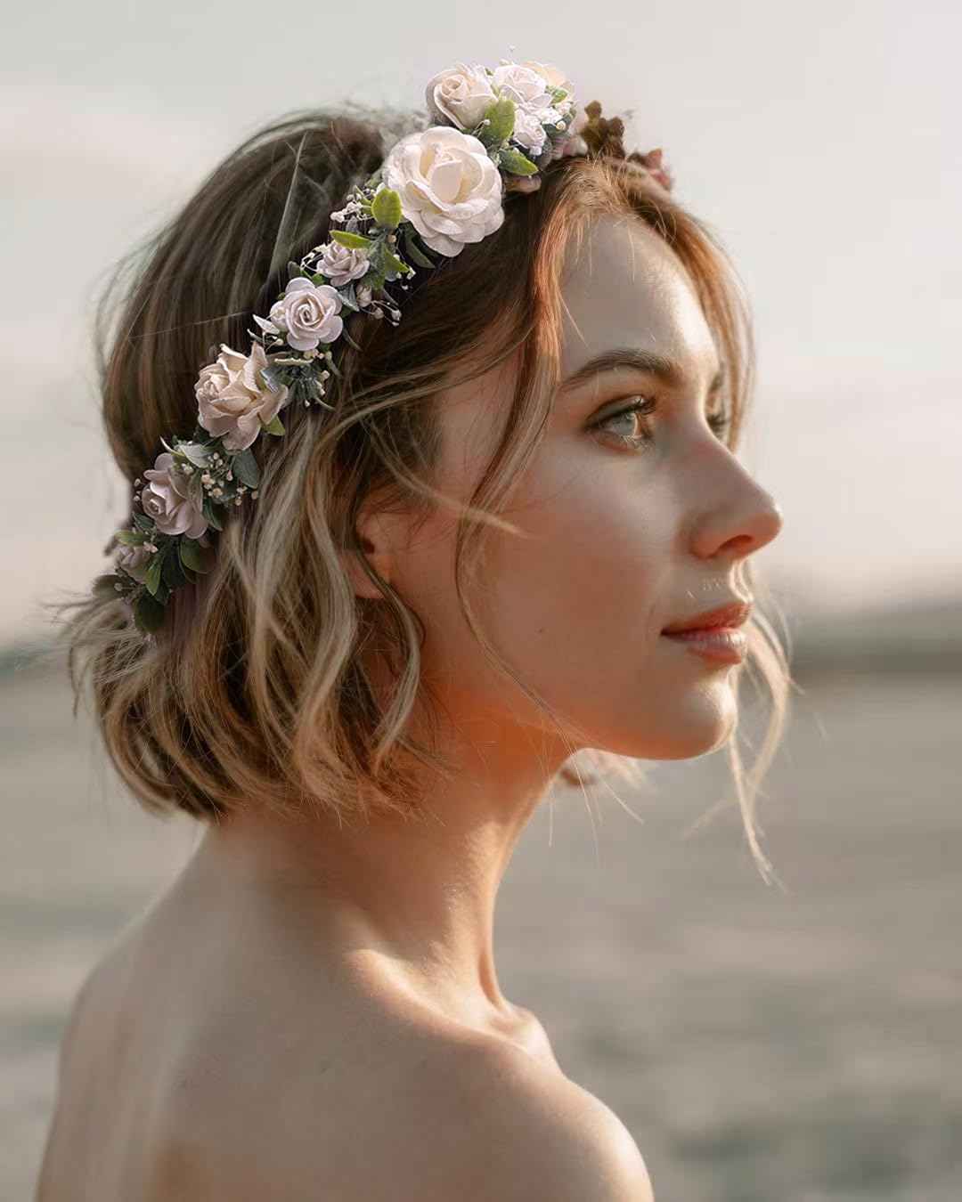 PoshMyra Greenery Flower Crown for Girls White Floral Holo Hair Headpiece bride Wreath Bridemaid Crown Rustic Wedding Women Garland Photo Prop Headband for Adult