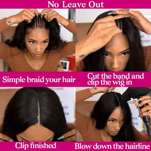 Pobokix Straight V Part Wigs Human Hair Upgrade U Part Human Hair Wigs for Black Women Glueless Clip In Half Wig 180% Density Natural Color (10inch)