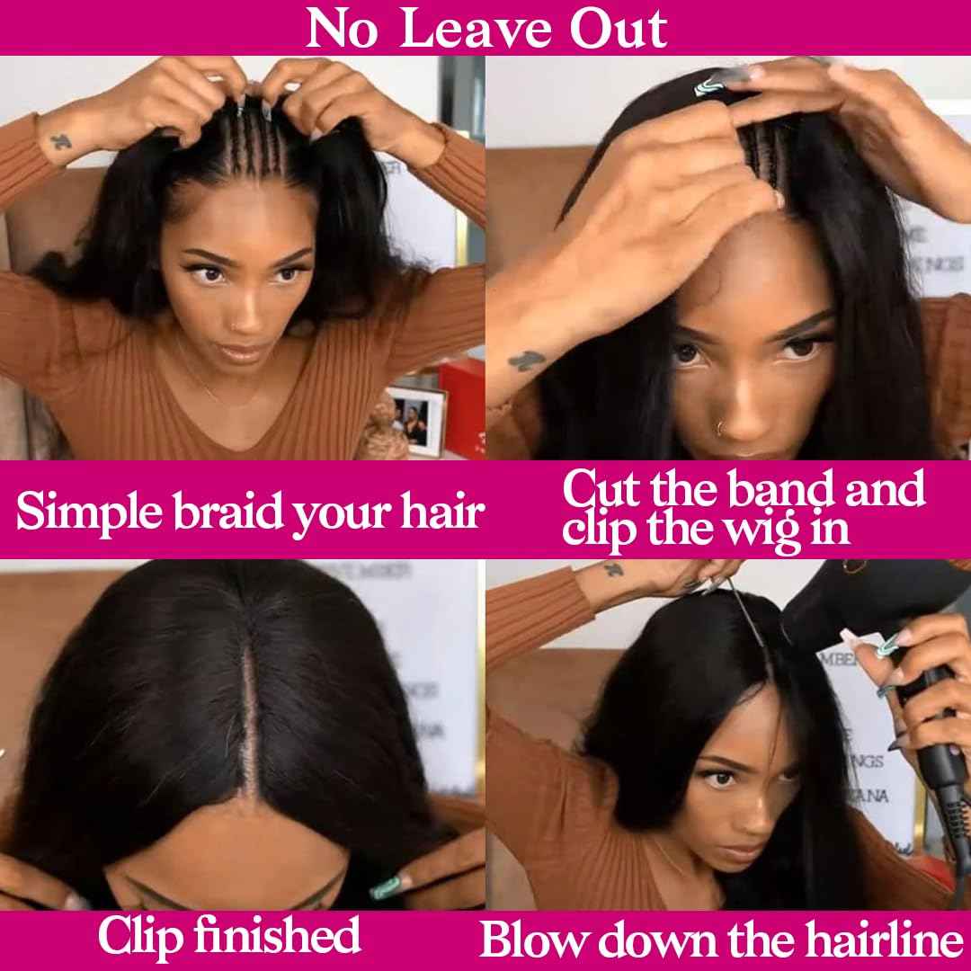 22Inch V Part Wigs Human Hair Straight Brazilian Human Hair Wigs for Black Women Upgrade U Part Wigs No Sew in NO Glue Half Wigs Human Hair 180% Density Natural Color