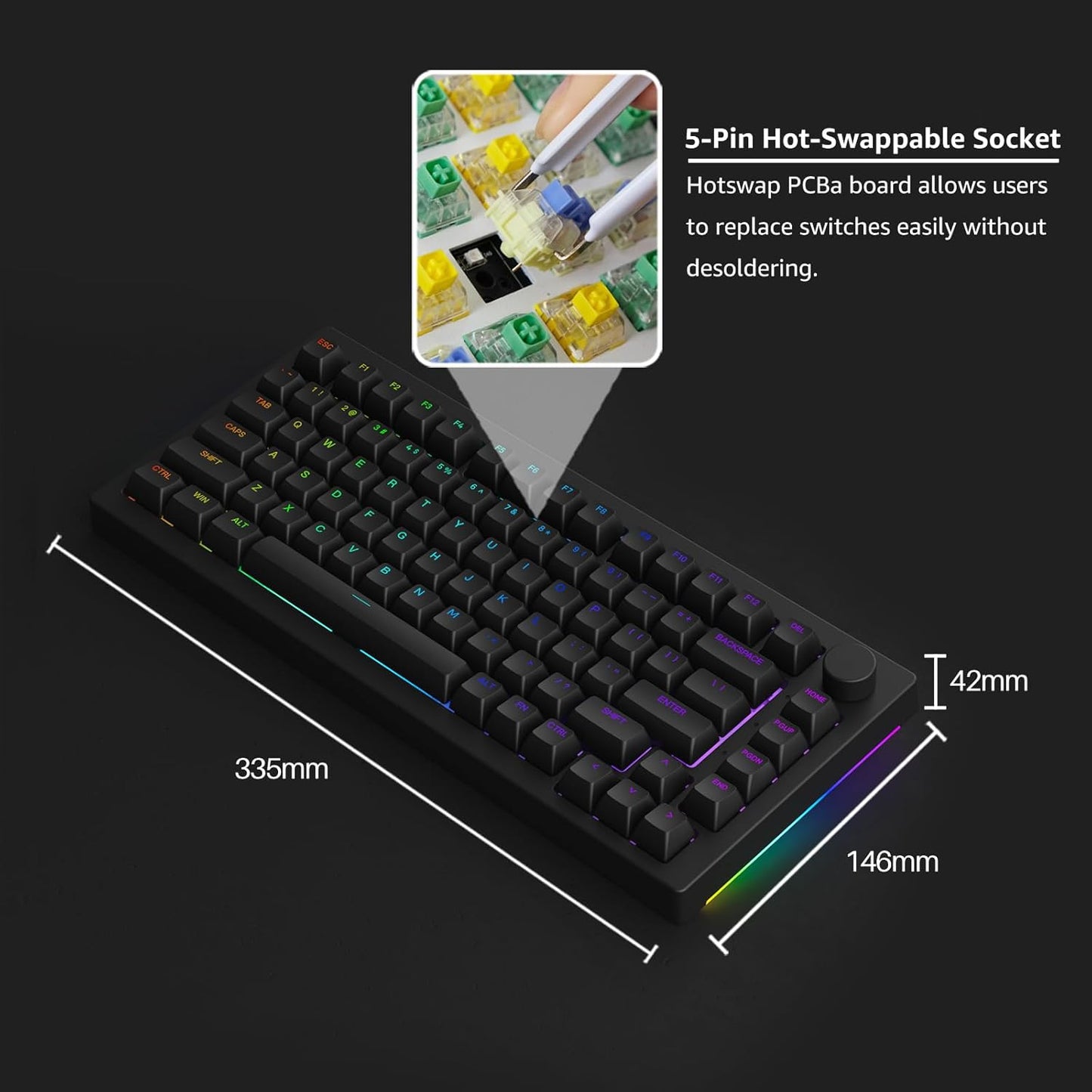 Akko 5075B Plus Mechanical Keyboard 75% Percent RGB Hot-swappable Creamy Keyboard with Knob, Black & Silver Theme with PBT Double Shot ASA Profile Keycaps V3 Creamy Yellow Pro Switch