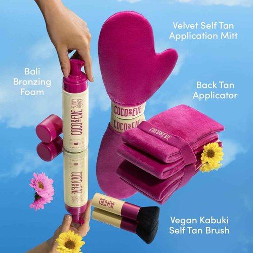 Coco & Eve Bali Bae Self Tan Set (Medium). All Natural Sunless Tanning Mousse. Instant Self Tanning Lotion with Bronzer, Mitt Applicator, Kabuki Brush and Back Applicator for Flawless Application