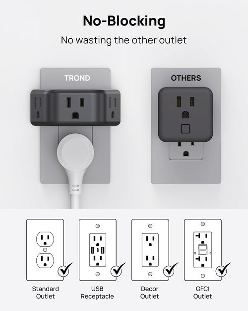 TROND Outlet Extender - 3 Prong Grounded Plug Extension Outlet, 3 Way Angled Wall Plug Splitter, Cruise Ship Essentials, Multiple Expander with 3 Electrical Sockets for Bathroom, Kitchen, Black