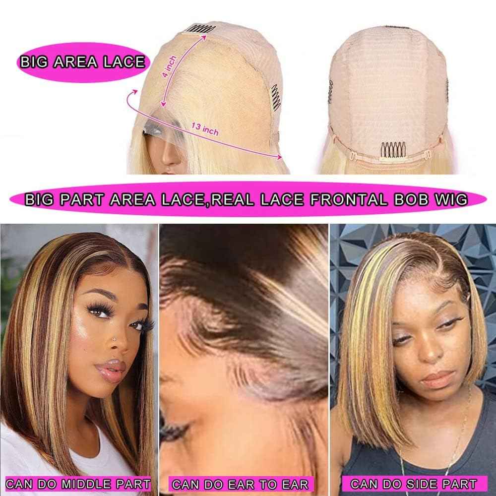 4/27 Highlight Bob Wig Human Hair Straight 13X4 Highlight Bob Lace Front Wigs Human Hair Wear and Go Glueless Wig Pre Plucked 14 Inch Ombre Brown Honey Blonde Hd Lace Frontal Wigs For Black Women