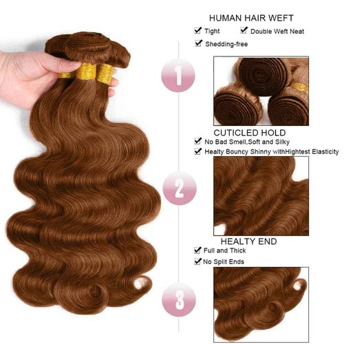 #30 Light Brown Bundles Human Hair Body Wave Bundles 26 28 30 Inch Brown Body Wave Bundle Human Hair Extensions Double Weft Unprocessed Brazilian Virgin Hair 3 Bundle 50 Grams Per Bundle