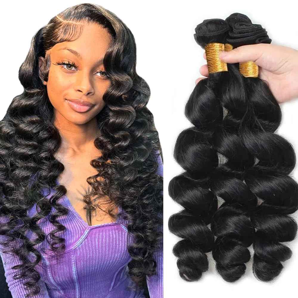 26 28 30 Inch Loose Wave Human Hair Bundles Natural Black Loose Wave Bundles Mixed Length 3 Bundle Hair Extensions