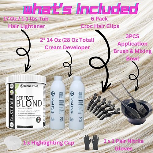 Perfect Blonde Hair Bleach Toner Lightener Powder Lightening Kit 20 Volume 800 ml Developer & Brush & Gloves - Made in Italy by Blond Forte