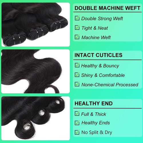 Dewelly 12A Human Hair Bundles Body Wave 3 Bundles Human Hair 16 18 20 Inch 100% Unprocessed Brazilian Virgin Real Human Hair Bundles Deals Quick Weave Hair Extension Natural Black Color