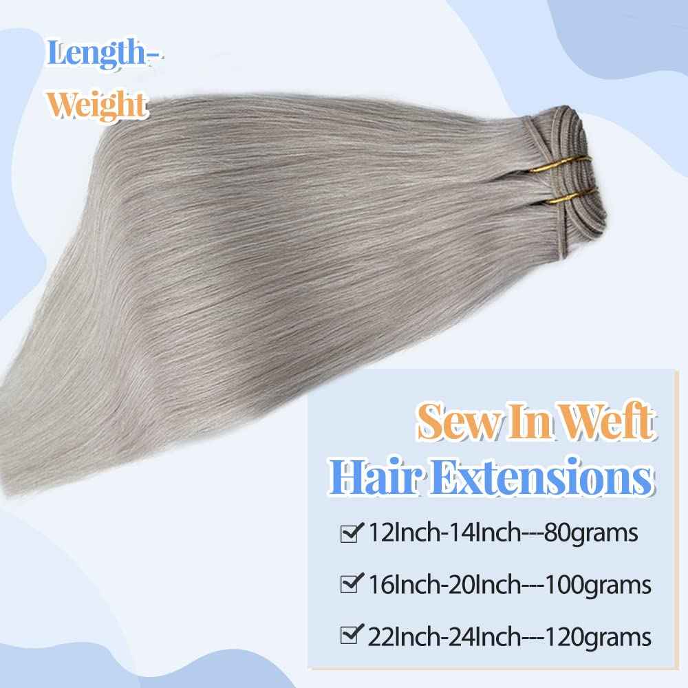 24Inch Silver Grey Human Hair Bundles 120Gram 100% Brazilian Silky Straight Sew in Extensions Double Weft Grey Human Hair Bundles for Women Hand Tied Weft Hair Extensions Silver Sew in Hair Bundles