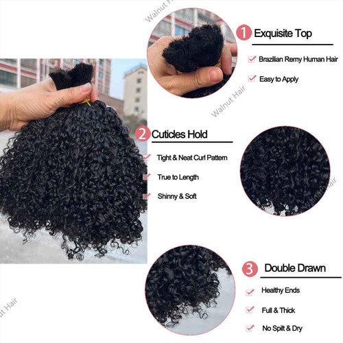 Afro Kinky Curly Bulk Human Hair Extensions Double Drawn Brazilian Virgin Braiding Hair For Boho Box Braids Afro Kinkys Crochet Hair Walnut hair 95-100g 24Inch 1Bundle