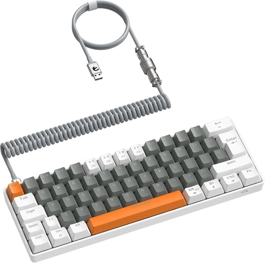 ZIYOU LANG RK-T60 Wired Mechanical Gaming Keyboard and Mouse Combo Portable with Rainbow Backlit 62Key NKRO 6400DPI RGB Honeycomb Mice Coiled Aviator Cable for PS4/PC/WIN Gamer(Light Gray/Red Switch)