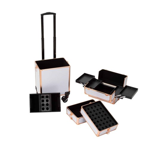Channcase 4 in 1 Portable Traveling Aluminum Professional Makeup Trolley Cart with Multiple-Sized Compartments and Wheels (Gold with White)