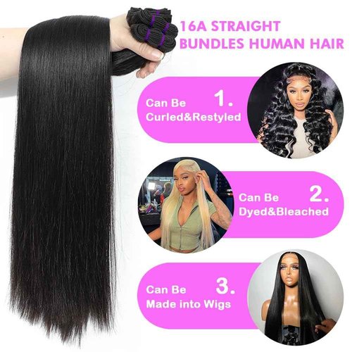 Luduna Straight Human Hair Bundles 100% Unprocessed Brazilian Virgin Human Hair 16A Straight 3 Bundles for Black Women Double Weft Natural Black