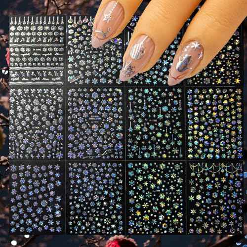 36 Sheets Christmas Snowflake Nail Decals,3D Self-Adhesive Winter Theme Holiday Nail Sticker White Silver Gold Snowflake Nail Art Design Decals DIY Nail Decoration Supplies for Women Girls