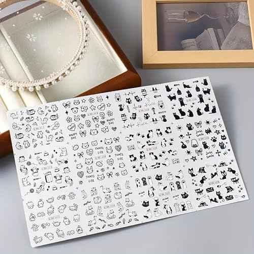 Cute Nail Art Stickers Black White Cat Water Transfer Nail Stickers Cat Paw Cute Animals Water Transfer Nail Decals 3D Self Adhesive Nail Art Supplies Heart Designs Nail Decals 12PCS