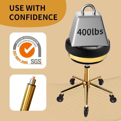 Gold Heavy Duty Rolling Stool - Weight Capacity 400lbs, Designed Metal Outer Ring Protect Leather, Padded Comfort Cushion, 360° Adjustable Stools, Rolling Stools with Wheels for Salon, Massage, Tattoo
