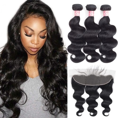 Brazilian Body Wave Frontal with Bundles 100% Unprocessed Human Hair Bundles with Frontal Brazilian Virgin Human Hair Weave and Ear To Ear Lace Frontal with Pre-Plucked Baby Hair (14” 16” 18”+12”)